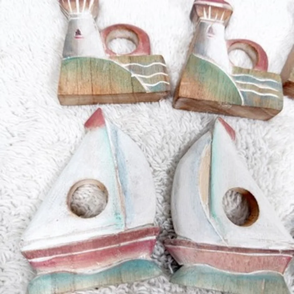Cottage Nautical 8 Wooden Napkin Rings Sailboat Lighthouse Beach Table Decor